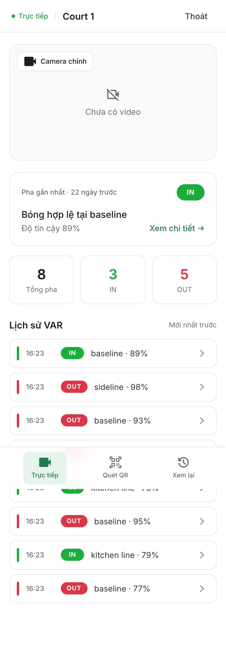 Màn hình sân trực tiếp với lịch sử VAR (dữ liệu mẫu)